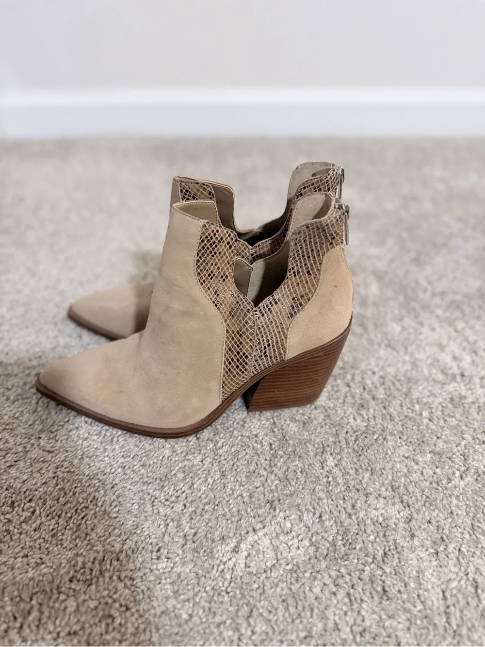Vince Camuto Beige Suede Pointed Toe Ankle Booties